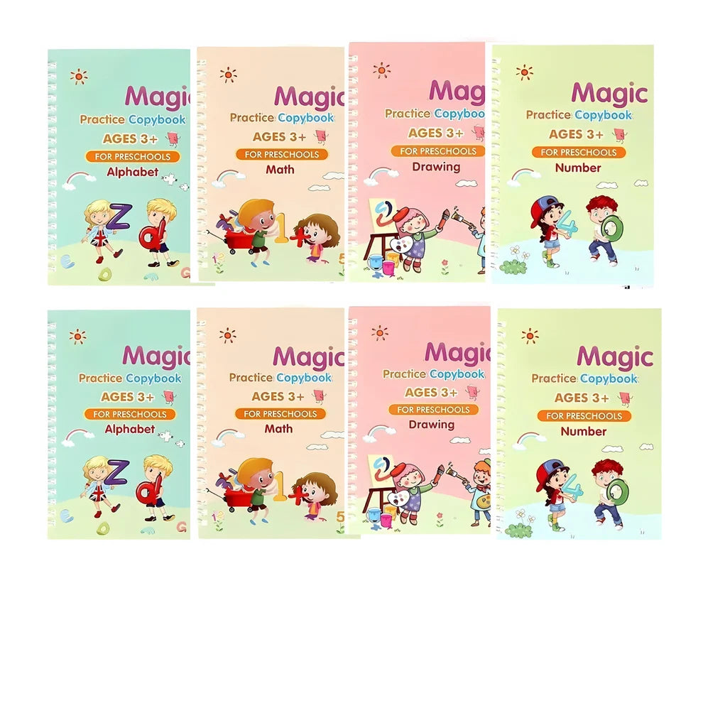 Sank Magic Practice Copybook, (4 BOOK + 10 REFILL+ 1 Pen +1 Grip) Number Tracing Book for Preschoolers with Pen, Magic Calligraphy Copybook Set Practical Reusable Writing Tool Simple Hand Lettering