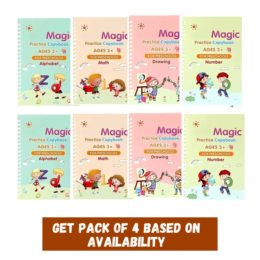 Sank Magic Practice Copybook, (4 BOOK + 10 REFILL+ 1 Pen +1 Grip) Number Tracing Book for Preschoolers with Pen, Magic Calligraphy Copybook Set Practical Reusable Writing Tool Simple Hand Lettering