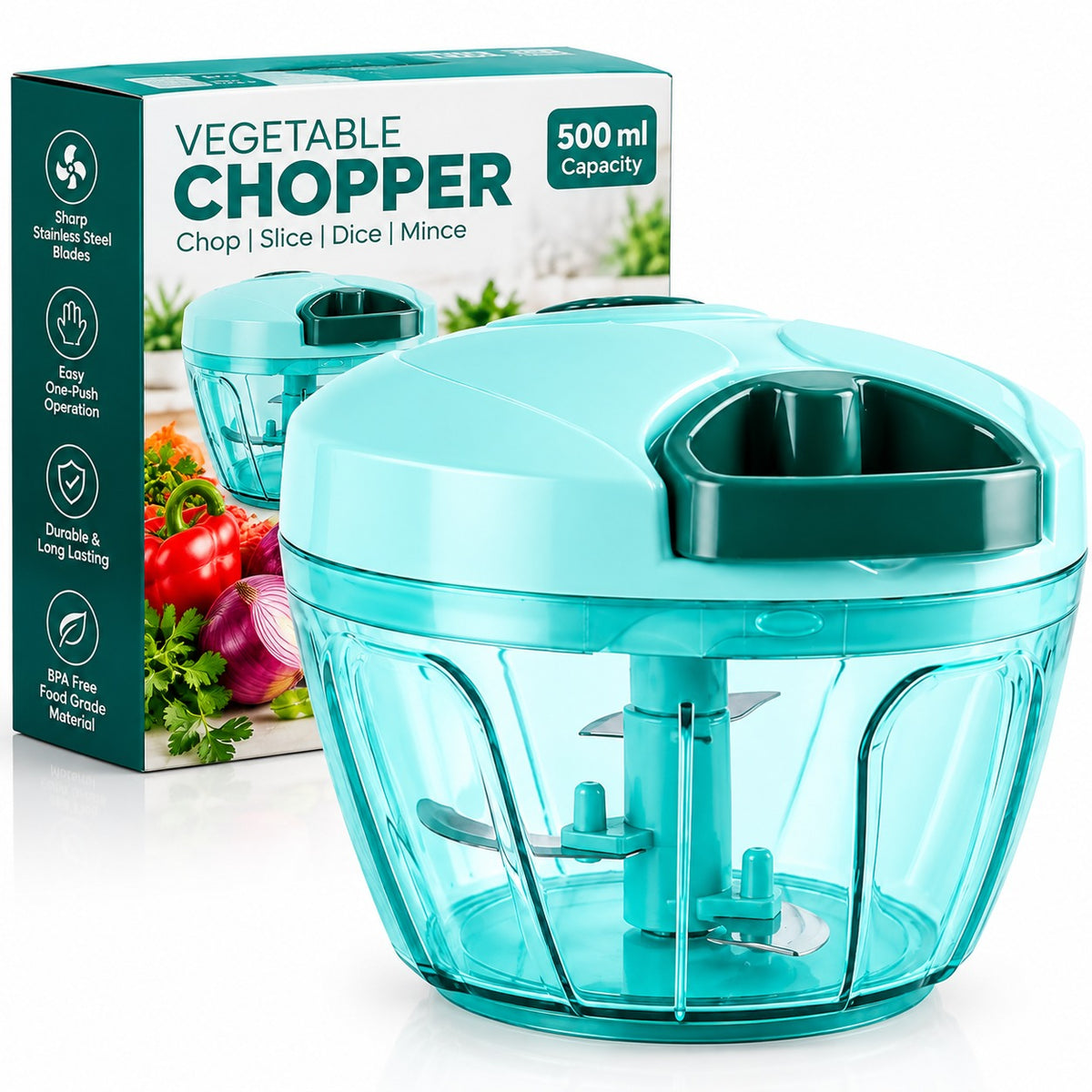Manual Vegetable Chopper 500ml | Multi-Purpose Food Chopper with Sharp Stainless Steel Blades | Easy Pull & Chop Cutter for Onion, Tomato, Garlic, Vegetables