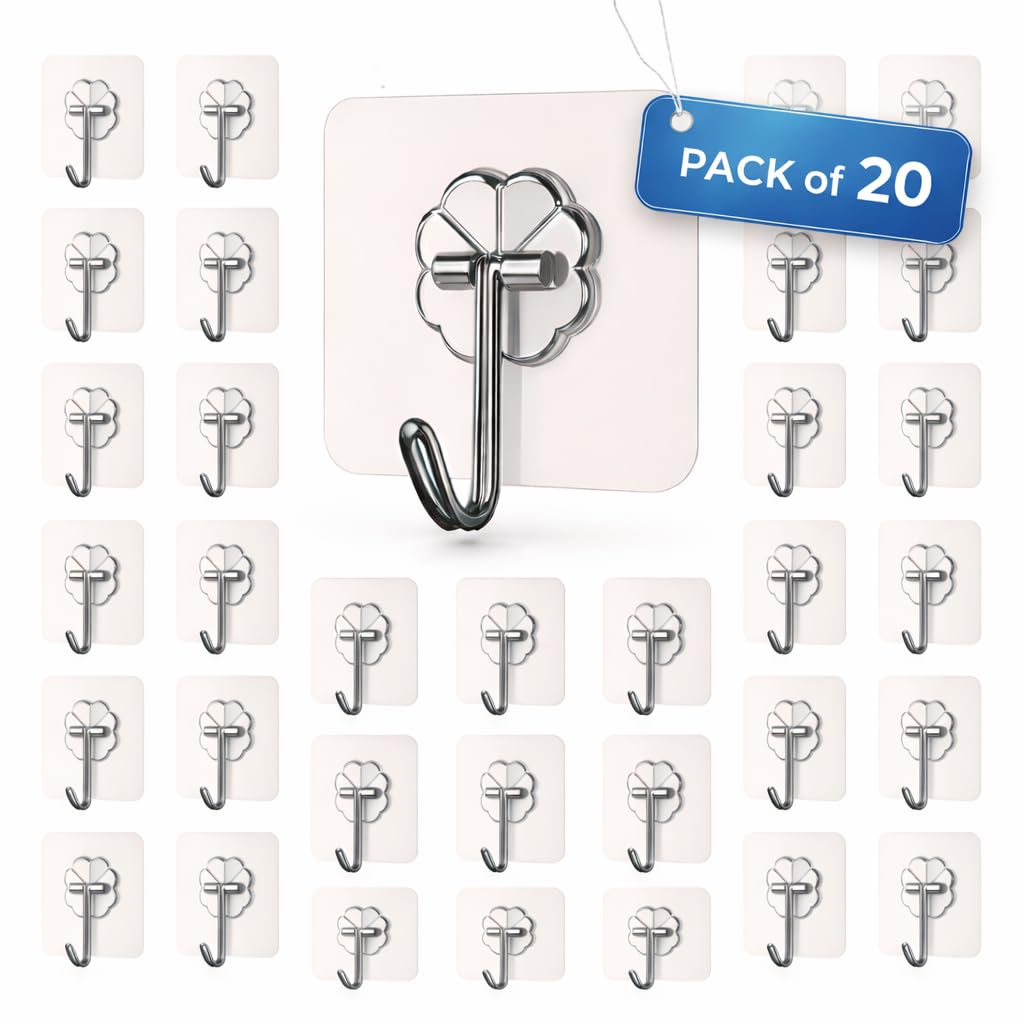 Self-Adhesive Wall Hooks – Pack of 20 | Stainless Steel Utility Hooks