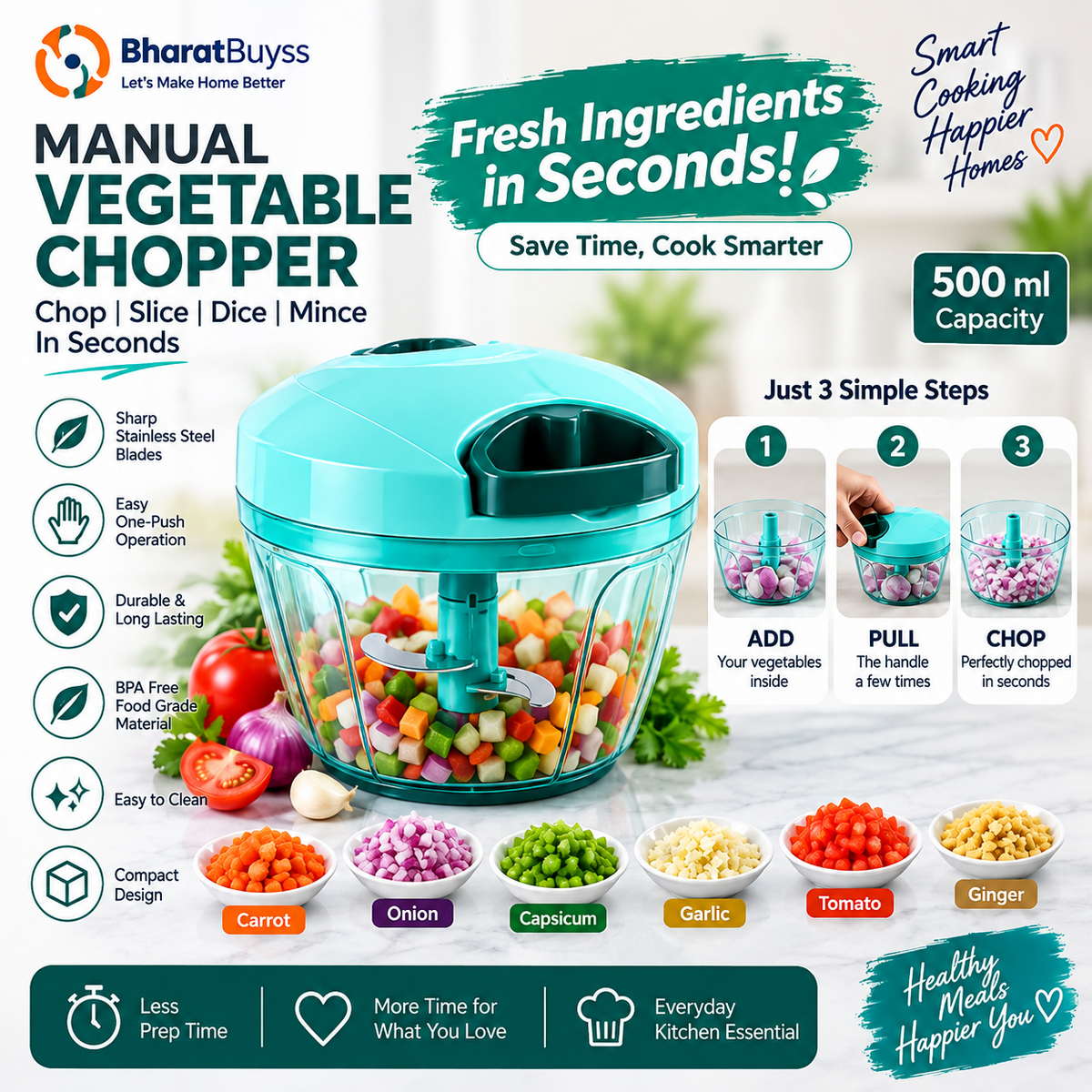 Manual Vegetable Chopper 500ml | Multi-Purpose Food Chopper with Sharp Stainless Steel Blades | Easy Pull & Chop Cutter for Onion, Tomato, Garlic, Vegetables