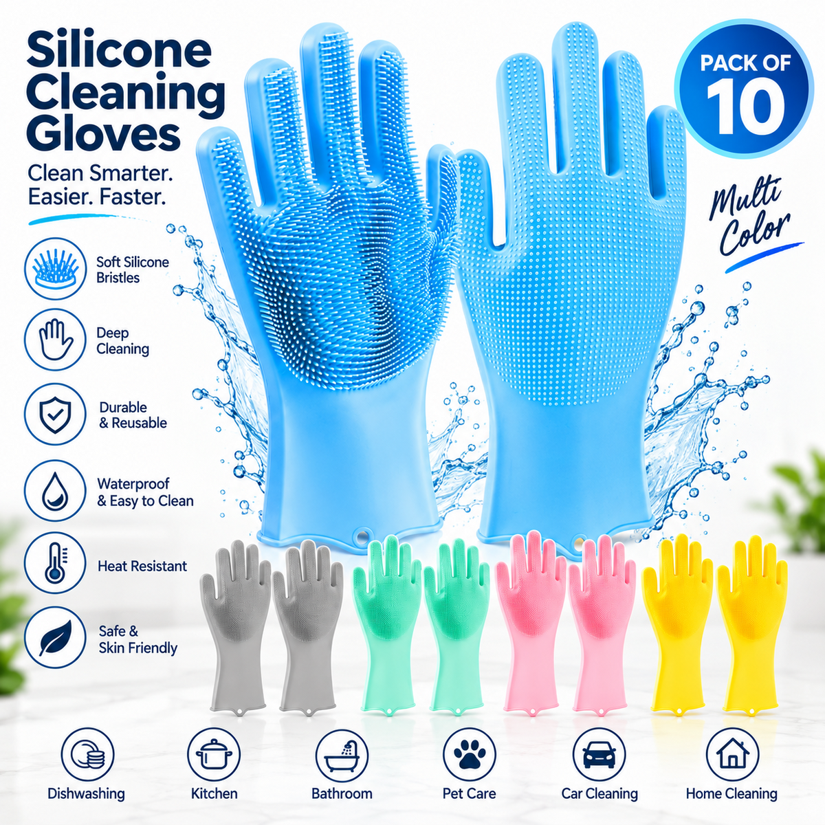 Silicone Cleaning Gloves for Kitchen & Home – Reusable Dishwashing Scrub Gloves with Built-In Soft Bristles – Waterproof Multipurpose Cleaning Gloves