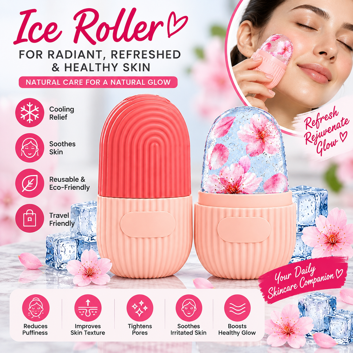 Beauty Ice Face Roller for Glowing Skin  | Reusable Silicone Facial Ice Roller | Reduces Puffiness, Dark Circles & Acne