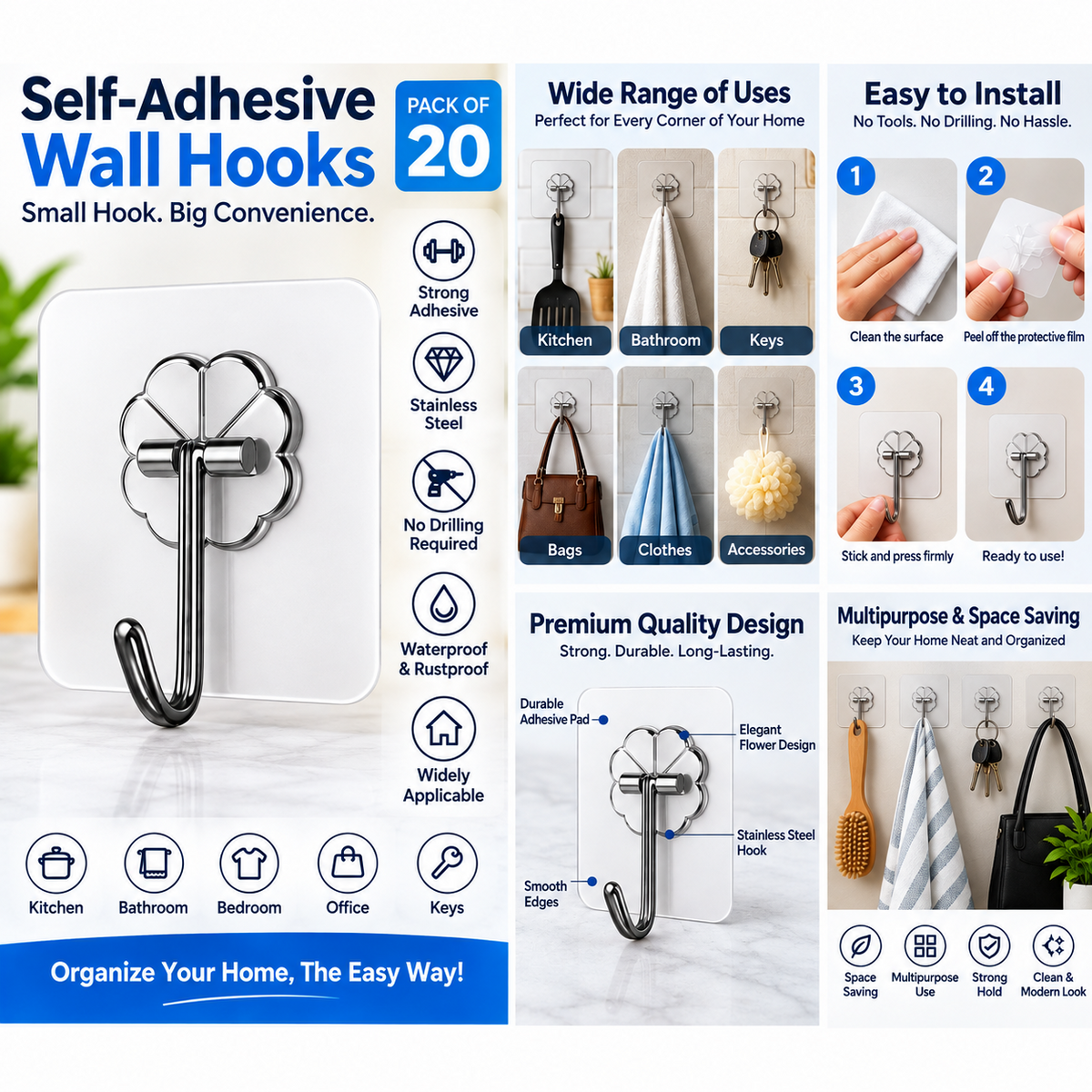 Self-Adhesive Wall Hooks – Pack of 20 | Stainless Steel Utility Hooks