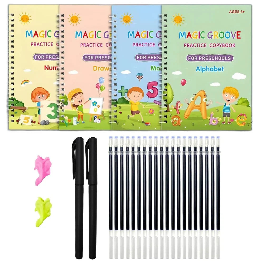 Sank Magic Practice Copybook, (4 BOOK + 10 REFILL+ 1 Pen +1 Grip) Number Tracing Book for Preschoolers with Pen, Magic Calligraphy Copybook Set Practical Reusable Writing Tool Simple Hand Lettering