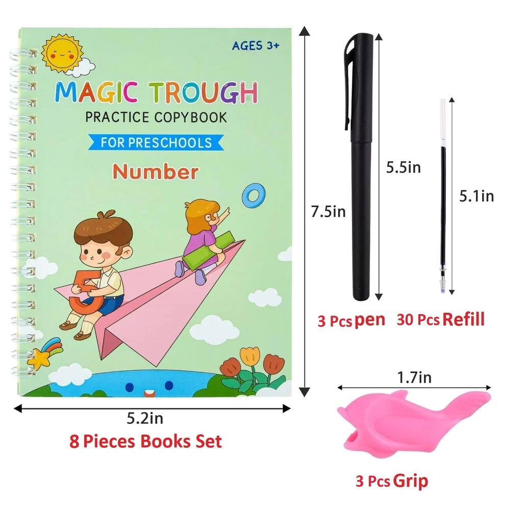 Sank Magic Practice Copybook, (4 BOOK + 10 REFILL+ 1 Pen +1 Grip) Number Tracing Book for Preschoolers with Pen, Magic Calligraphy Copybook Set Practical Reusable Writing Tool Simple Hand Lettering